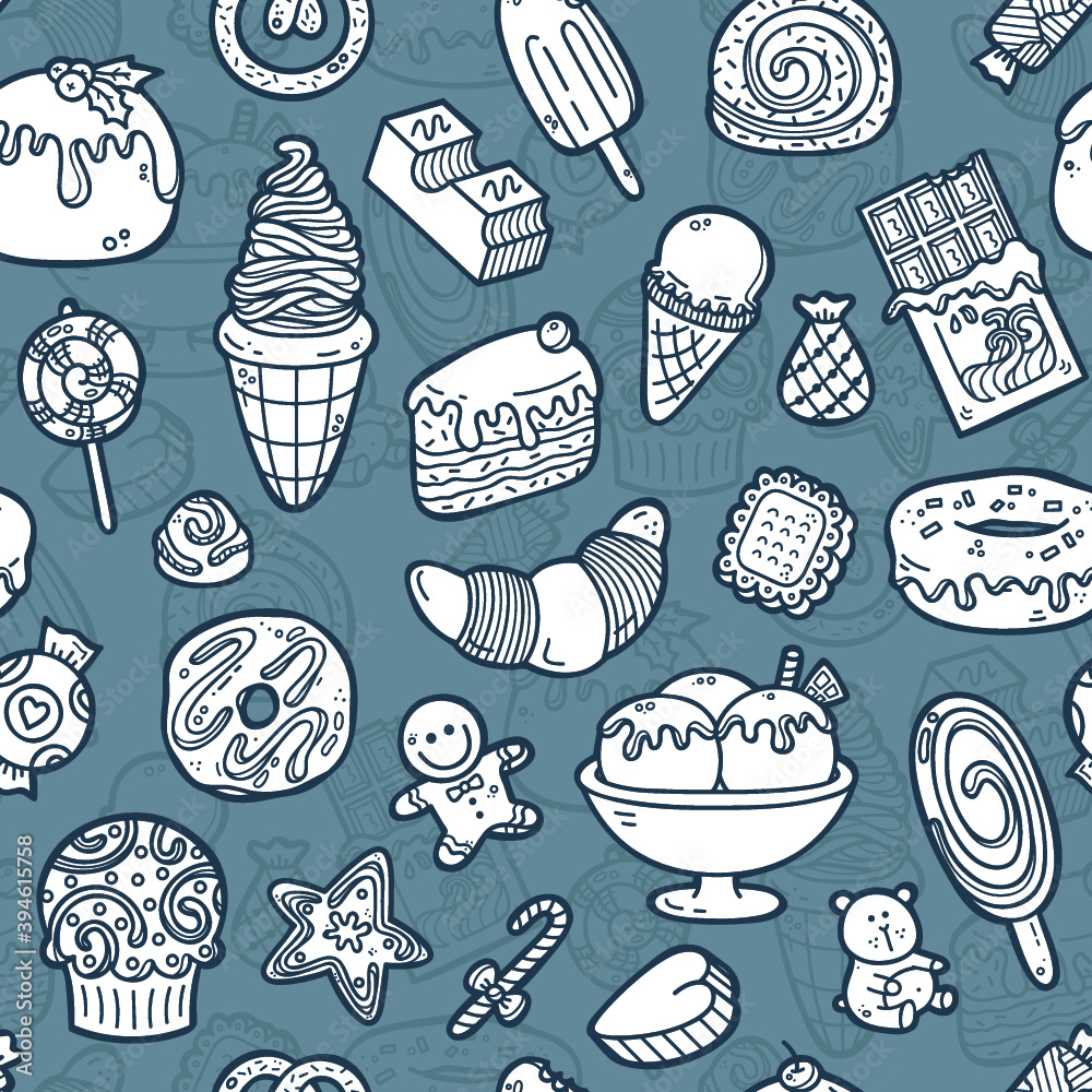 Vector doodle seamless pattern with sweets for wallpaper, web page background, surface textures, textile, scrap book, design fabric, menu