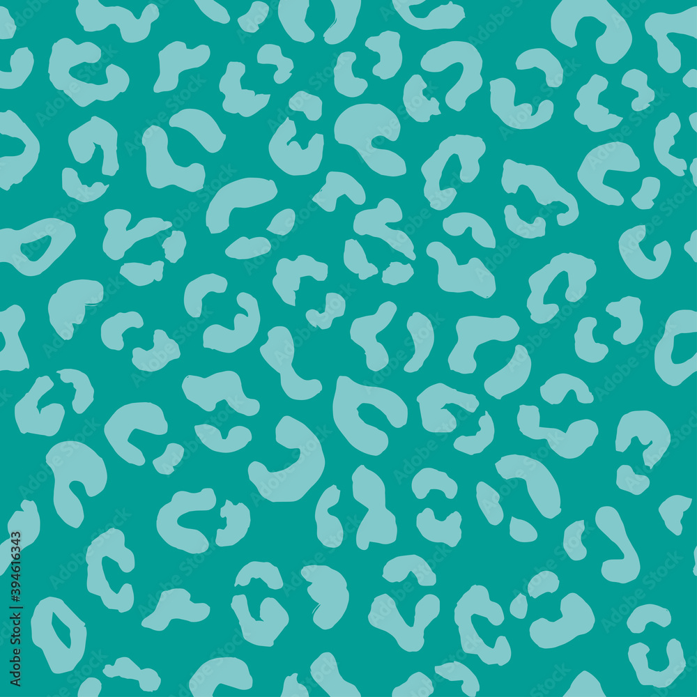 Leopard seamless pattern. Vector animal print. Light blue spots on a turquoise background. Jaguar, leopard, cheetah, panther fur. Leopard skin imitation can be painted on clothes, paper or fabric.