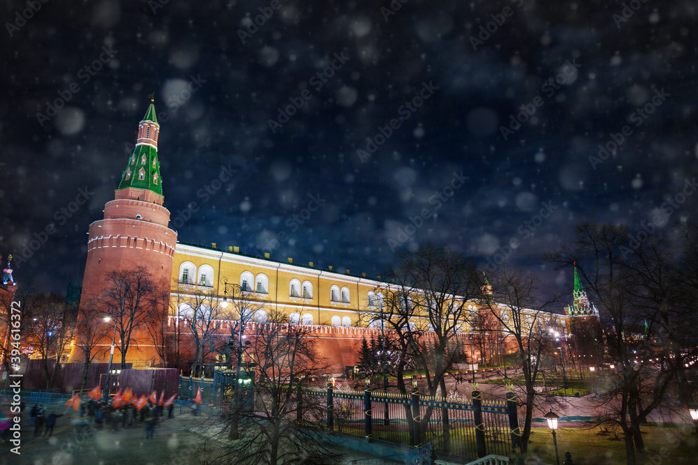 Moscow Kremlin night view with snow during winter