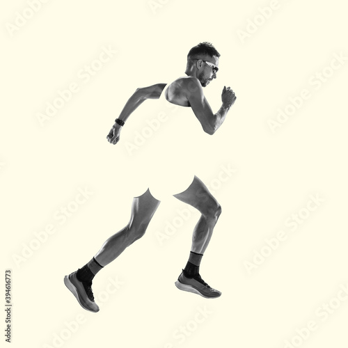 Fototapeta Naklejka Na Ścianę i Meble -  Runner, strong jogger. Young caucasian sportsman isolated on studio background, modern artwork. Healthy lifestyle, movement, action, motion, advertising and sports concept. Abstract trendy design.