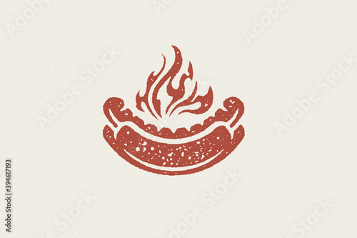 Spicy hot dog sandwich silhouette with flame for fast food hand drawn stamp effect vector illustration.
