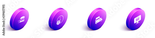Set Isometric Online ordering burger delivery, Round the clock, Fast by car and icon. Vector.