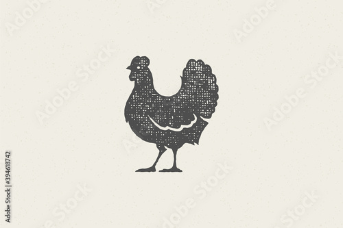 Valokuvatapetti Hen farm chicken silhouette for farm industry hand drawn stamp effect vector illustration