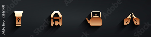Set Flashlight, Rafting boat, Kettle with handle and Tourist tent icon with long shadow. Vector.