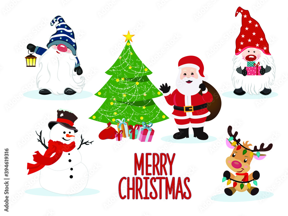 Winter Christmas background Character Vector illustration. Christmas tree, Santa Claus, gnome, snowman, Reindeer, Gift sign for graphic, landscape, card, sale, merry christmas  