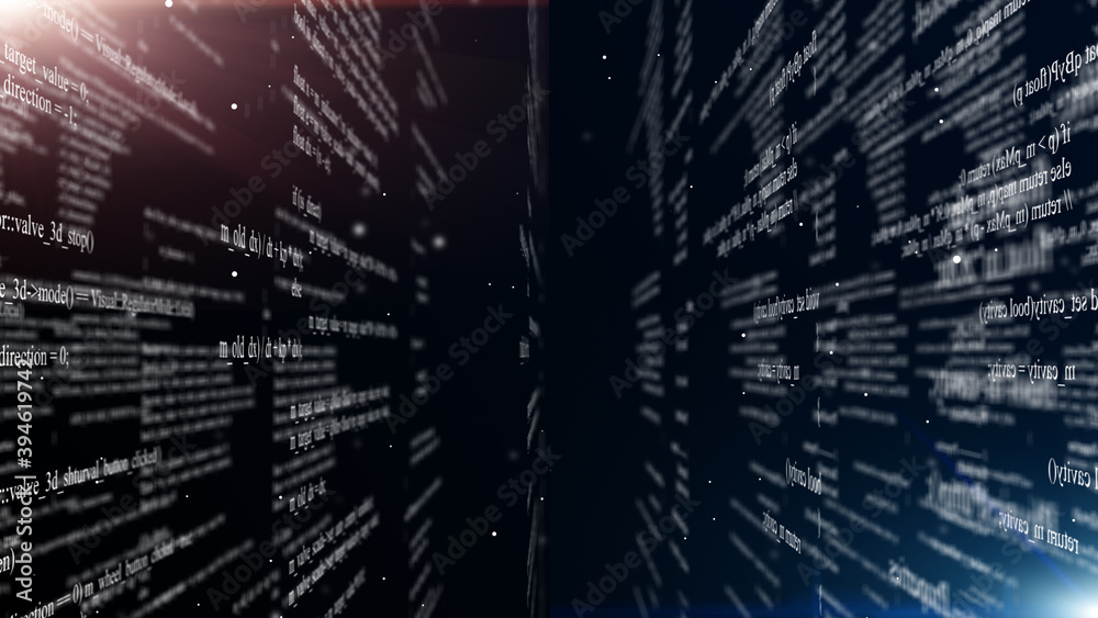 Abstract digital program code in blocks on a black background