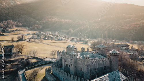 Aerial View of the Castle of Fenis, Valle d'Aosta, Italy photo