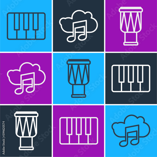 Set line Music synthesizer, Drum and Music streaming service icon. Vector.