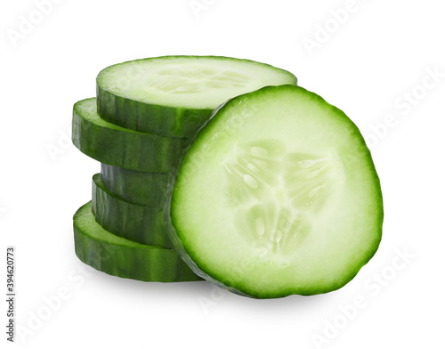 Cucumber slices isolated on white background. Full depth of field.