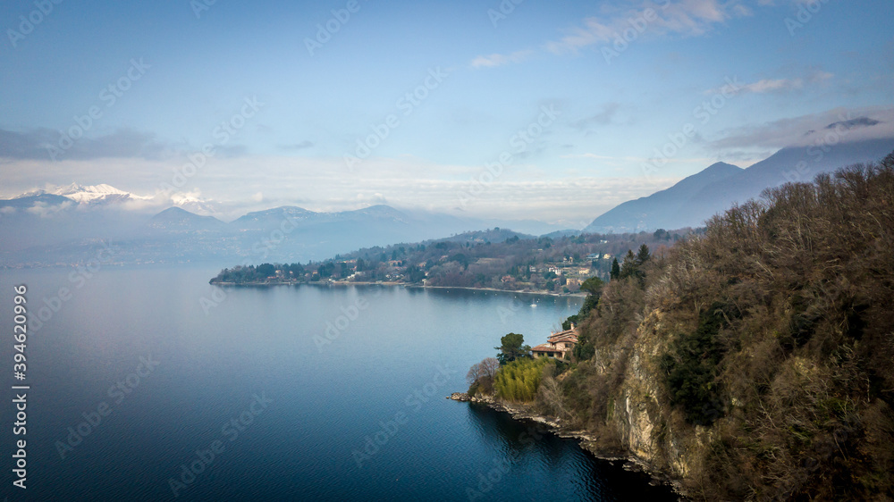 popular and famous place of Lake Maggiore Eremo di Santa Caterina del Sasso, Lombardy, Italy.