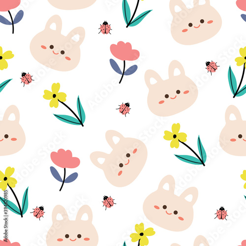Fototapeta Naklejka Na Ścianę i Meble -  Seamless pattern with cartoon flowers and animal for fabric print, textile, gift wrapping paper. colorful vector for kids, flat style