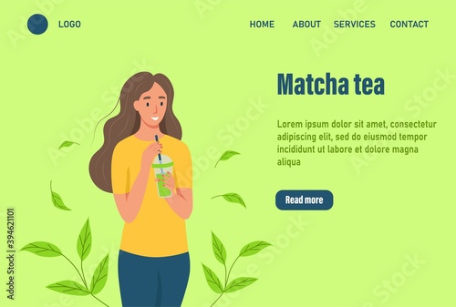 A woman drinks matcha tea landing page. The concept of proper nutrition and a healthy lifestyle. Website homepage landing web page template.Vector illustration