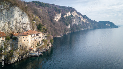 popular and famous place of Lake Maggiore Eremo di Santa Caterina del Sasso, Lombardy, Italy.