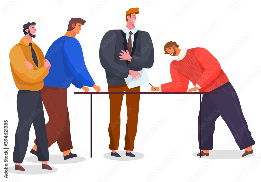 Lot of men near table, bearded man leaned over and signs contract, agreement. Business successful meeting. The negotiation process. Office staff, managers, bosses at business meeting. Man with