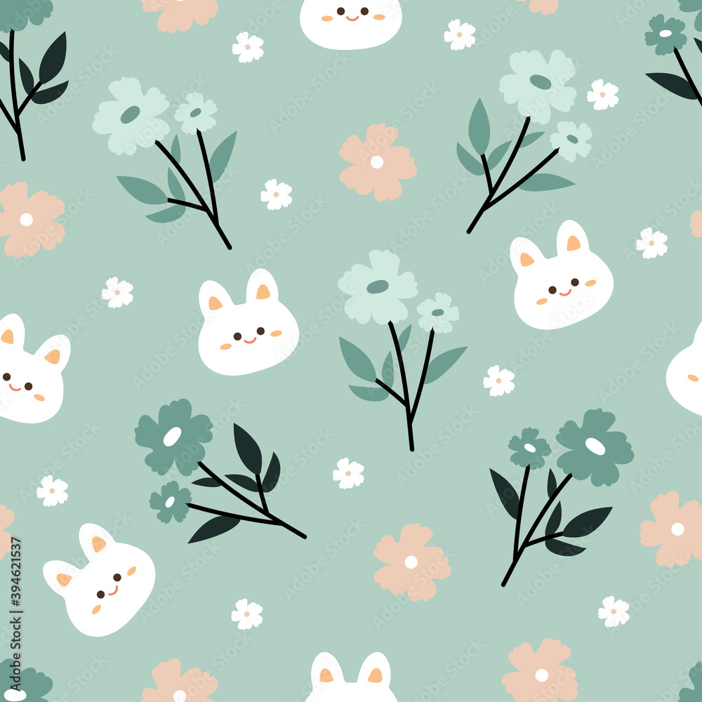 Seamless pattern with cartoon flowers and animal for fabric print, textile, gift wrapping paper. colorful vector for kids, flat style