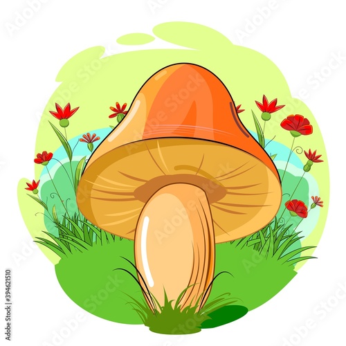 Orange mushroom on the background of a blooming meadow. Wildflowers and grass. Vector isolated on white. Cartoon flat style. Beautiful little forest mushroom. Scenery. Landscape.
