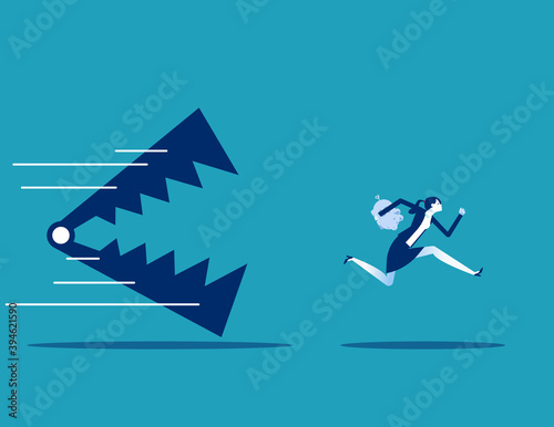 Investment and trap. Business person holding piggy bank and run away from traps