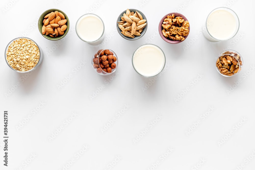 Lauout of vegan plant based milk. Above view Lauout of vegan plant based milk. Above view