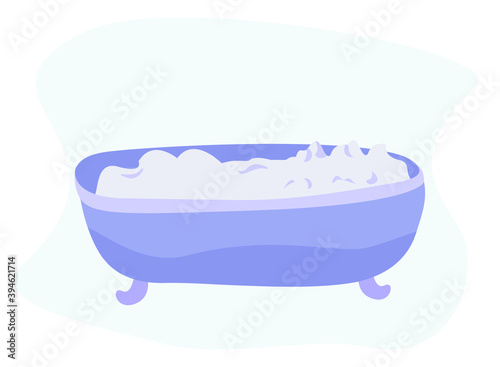 Foam Bath in Bathroom. Violet Bath with Water and Soap, Foam Bubbles in Bathroom. Flat Vector Illustration