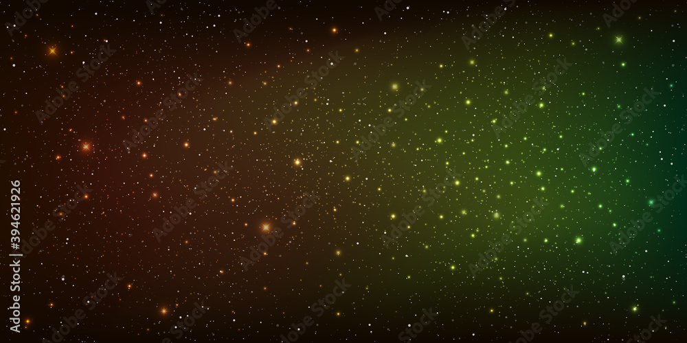 Realistic starry sky with a green and brown glow, Shining stars in dark night galaxy background. Vector illustration.