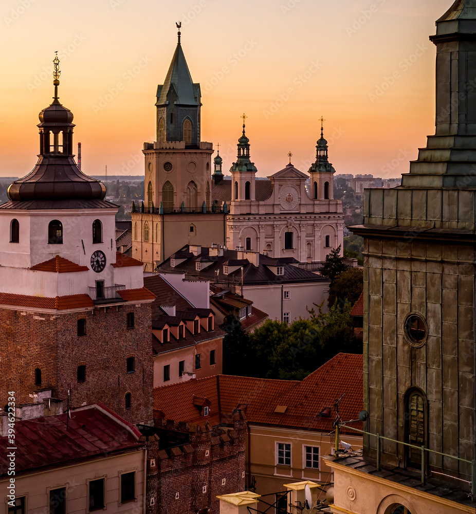 Aerial view of dawn over towers in Old Town in Lublin, Poland