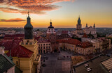 Aerial view of dawn over Old Town in Lublin, Poland