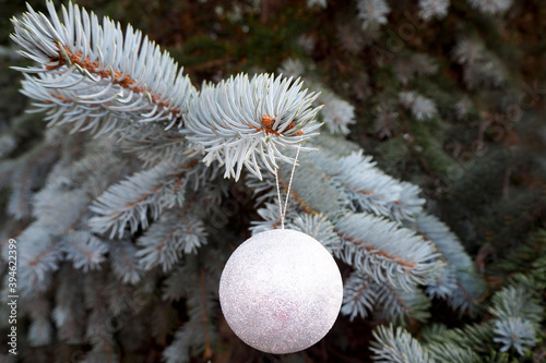 round grey shiny Christmas toy hanging on blue Christmas tree . Christmas and new year holidays