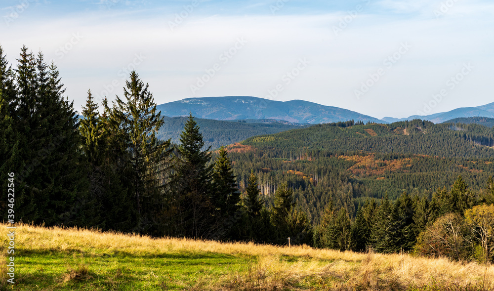 Smrk hill from Beskyd hill near Masarykova chata hut in Moravskoslezske Beskydy mountains on czech - slovakian borders Smrk hill from Beskyd hill near Masarykova chata hut in Moravskoslezske Beskydy mountains on czech - slovakian borders