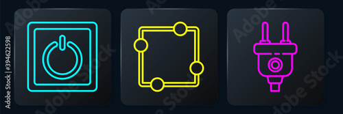 Set line Electric light switch, Electric plug and Electric circuit scheme. Black square button. Vector.