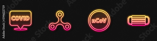Set line Corona virus 2019-nCoV, covid-19 location, Virus and Medical protective mask. Glowing neon icon. Vector.