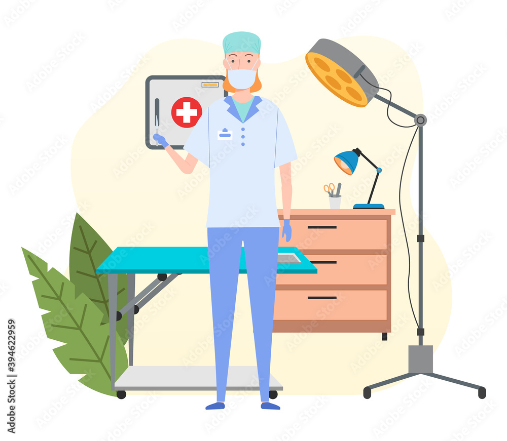 Female surgeon in uniform and mask standing with scalpel near sectional table and floor-mounted operational light. Table lamp and medical instrument on cupboard. Red Cross symbol. Large green leaves