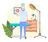 Female surgeon in uniform and mask standing with scalpel near sectional table and floor-mounted operational light. Table lamp and medical instrument on cupboard. Red Cross symbol. Large green leaves