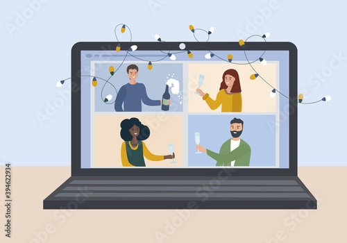 Online party. Friends, drinking wine in a video chat on a laptop. People in quarantine celebrate important events and holidays remotely. video call, virtual communication. vector flat card