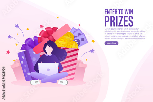 Cartoon character enter to win prizes. Holiday banner. Vector design banner. Win prize. Vector illustration.