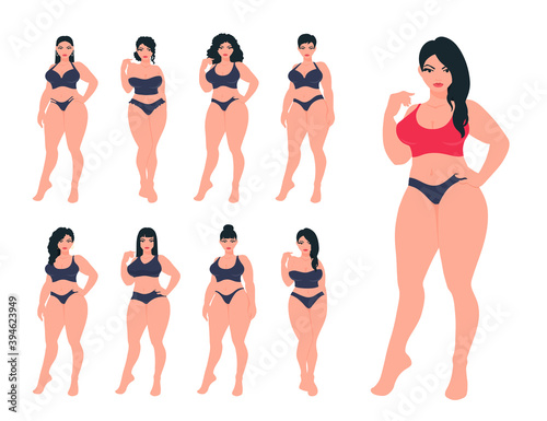 Various beautiful women wear lingerie, underwear, swimwear. Curvy attractive woman, plus size girl in a full length. Vector illustration set.