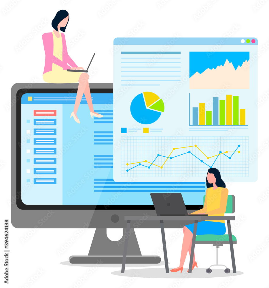 Woman sits at table using laptop, chat with client or manager, sell online. Girl sits on huge monitor with aptop on her lap, video conference, webinar or chat, monitor screen. Pie chart, bar chart Woman sits at table using laptop, chat with client or manager, sell online. Girl sits on huge monitor with aptop on her lap, video conference, webinar or chat, monitor screen. Pie chart, bar chart
