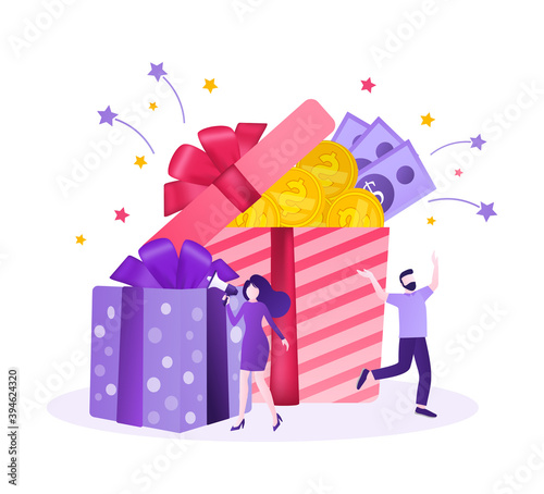 Online reward Vector flat design. Flat isometric vector illustration. Group of happy people receive a gift box illustration concept. photo