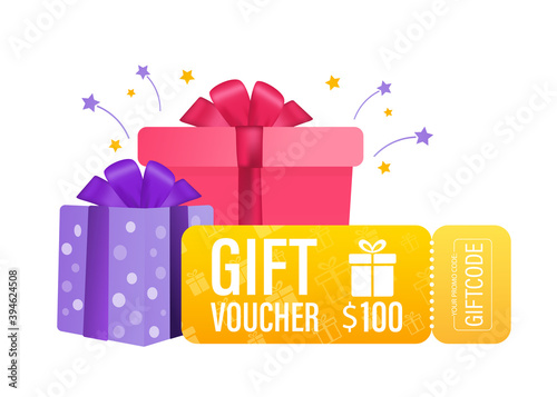 3d advertising with gift voucher presents people for concept design. Sale, discount, special offer concept. Modern gift voucher presents people, great design for any purposes. Vector illustration.