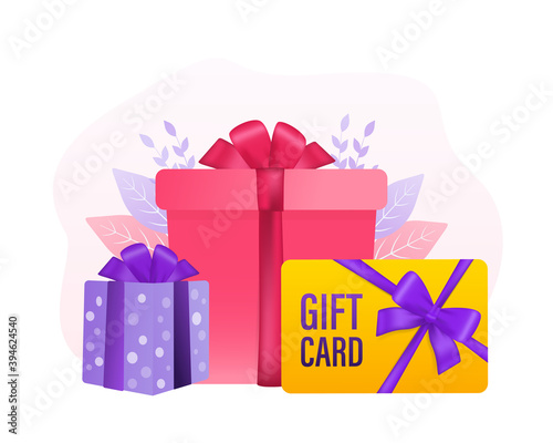3d advertising with gift voucher presents people for concept design. Sale, discount, special offer concept. Modern gift voucher presents people, great design for any purposes. Vector illustration.