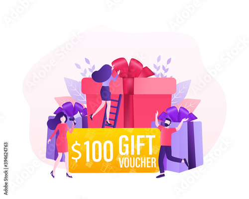 3d advertising with gift voucher presents people for concept design. Sale, discount, special offer concept. Modern gift voucher presents people, great design for any purposes. Vector illustration.
