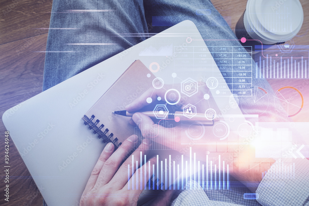 Writing human hands with data theme multi exposure icons.