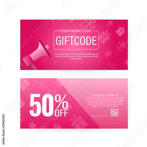 Different Modern birthday card with red giftcode for banner design. giftcode in modern style. Christmas banner. Vector design. Special offer sale template. Coupon ticket card.