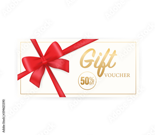 Greeting card. Vintage Coupon ticket card. ribbon banner with golden gift voucher on gold background for concept design. Vector design template. Gift voucher.