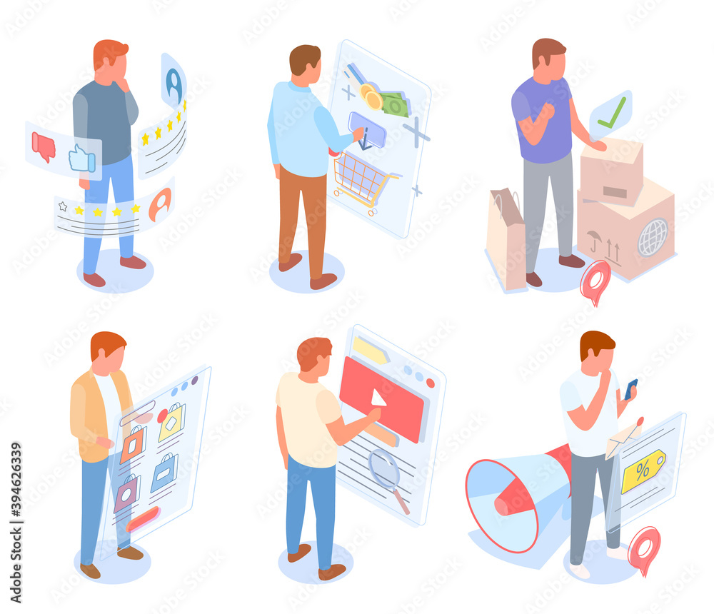 Set of male characters making selection of goods in online store. Way from seller to customer, build consumer demand. Customer engagement. Swipe pages. Megaphone, shopping, parcels, marketing trick