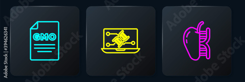 Set line GMO, Genetically modified apple and engineering modification. Black square button. Vector.