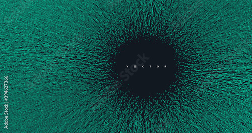 Small particles strive out of center. Array with dynamic particles. Abstract grid design. Vector illustration in technology style. Can be used for science or education.
