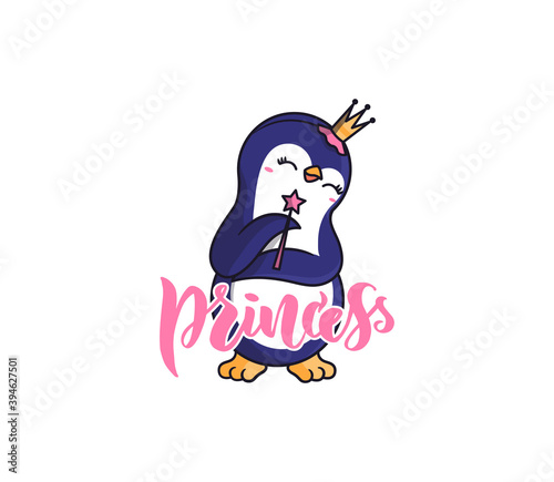 The little penguin is a princess. The emblem is a cartoonish baby-animal
