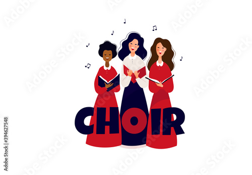 Choir, ensemble performing on the stage. Concert. Singing people. Vocalists, classical music. Vector illustration.