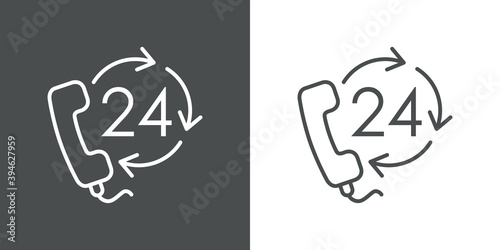 Servicio 24 horas. Icono plano auricular de teléfono con 24 y flechas girando con lineas en fondo gris y fondo blanco