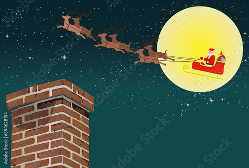 Santa on a reindeer sleigh flying in the starry sky, Brick chimney, Christmas, night, web banner, web header, footer, flier, blue, frame, copy space, vector illustration, graphic, card, retro,